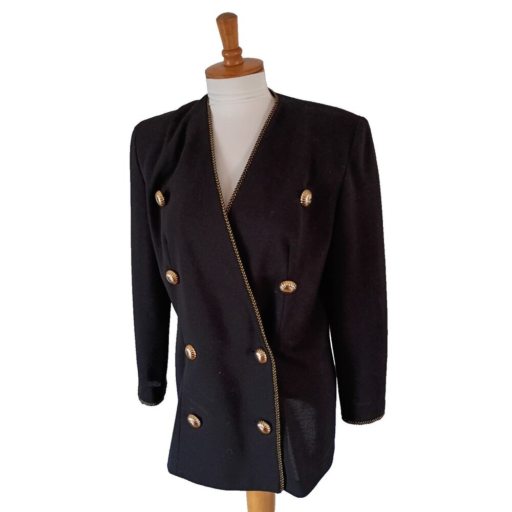 Vintage Caron Black Double Breasted Jacket with Gold Trim Size 12
